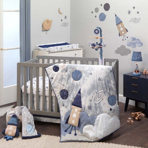 Sky Rocket 5-Piece Blue Galaxy/Space Nursery Baby Crib Bedding Set – Lambs & Ivy
