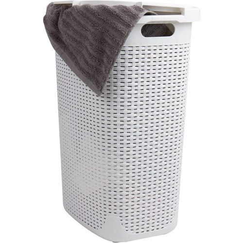 Mind Reader 60L Slim Laundry Hamper, Clothes Basket, Lid, Wicker Design, Plastic, 17.65"L x 13.75"W x 24.15"H, White