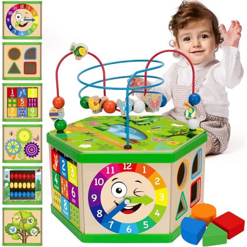 Wooden Activity Cube for 1 Year old, 12-18 Month Boys & Girls, 7-in-1 STEM Montessori Early Developmental Learning Toys for Kids Aged 1-2, Ideal 1st Birthday Gift Toys for Baby, Toddlers (Green)