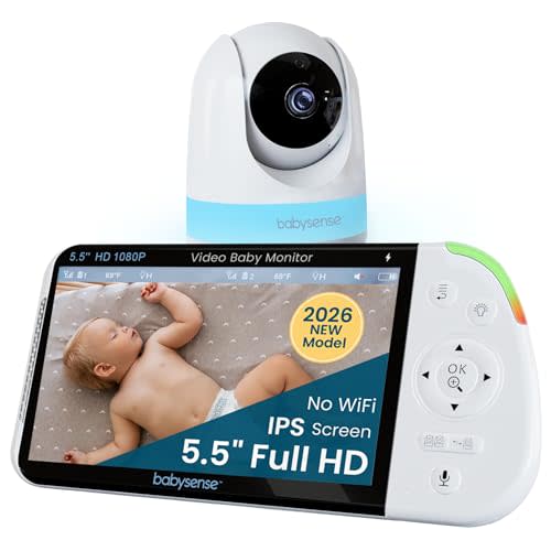 Babysense PRO Non-WiFi Full HD 5.5" Split Screen Baby Monitor with Camera and Audio, 6-Color Night Light, White Noise, Sound & Light Machine, 20-Hour Battery, Hack-Proof Secure Connection