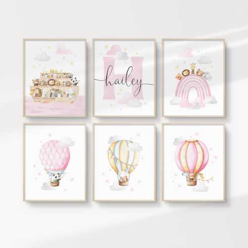 Personalized Noah's Ark Nursery Art Prints: Pink Rainbow, Safari Animals (Digital Download)