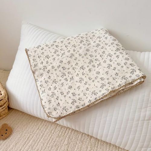 BuLuTu Vintage Blue Floral Muslin Toddler Blanket, 100% Cotton Large Baby Quilt 47x51 Inch, Chic Shabby Plumbago Flower Pattern Swaddling Blankets for Girls Boys, Nursery Decor
