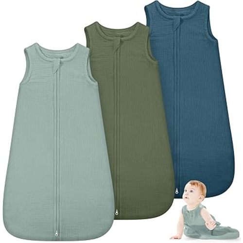 Baby Sleep Bag 0-6/6-12month Sleeveless Muslin Baby Wearable Cotton Sack with 2 Way Zipper Swaddle for Newborn Baby Boy Girl(Blue, Green, 0-6 Months)