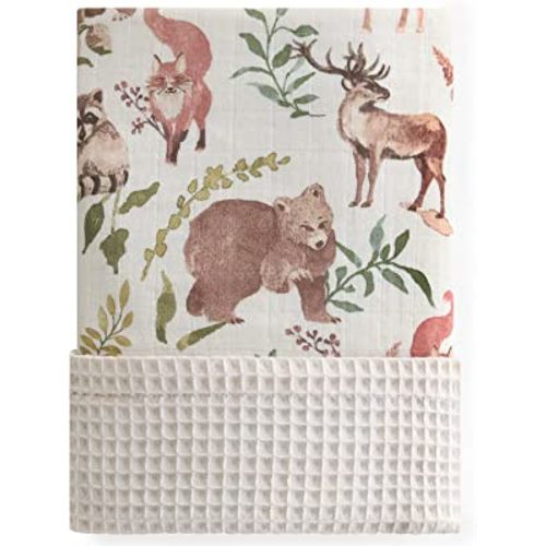 LifeTree Waffle Swaddle Blankets Neutral, Woodland Animals Baby Muslin Swaddling Wrap Nursery Receiving Blanket for Boys & Girls Unisex Newborn, Muslin Front and Waffle Backing