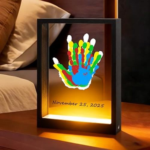 Bixinyo Family Handprint Kit with Light, Baby Hand and Footprint Keepsake Wooden Frame, Family Gifts for Mom, Women, New Parents, Mother's Day, Adoption Gifts, 5 Non-Toxic Paints (Light, Black)