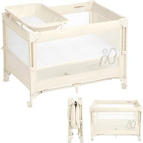 ANGELBLISS Baby Bassinet Bedside Crib, Pack and Play with Mattress, Diaper Changer, One-Push Setup Playards from Infants to Toddlers (Beige)