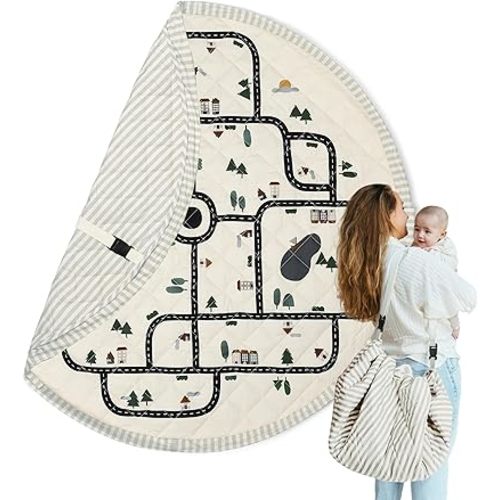 Blooom 2-in-1 Quilted Baby Play Mat & Storage Bag | Portable, Soft, and Convenient | Perfect for Travel & On-The-Go | Portable Play Mat for Baby & Toddler | Oekotex Cotton (City, 47 Inches)