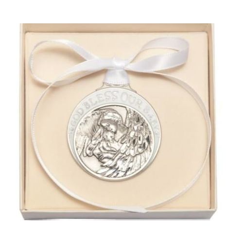 Pewter Baby with Guardian Angel Crib Medal with White Ribbon - Boxed by Truefaithgifts