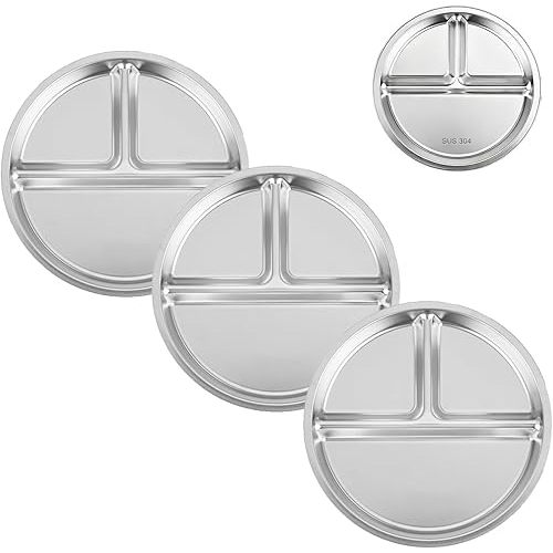 PandaEar 3 Pack Stainless Steel Divided Plates for Kids, 8.1” Portion Control Plates with 3 Compartments, Reusable Metal Dishes for Balanced Meals, Camping & Home Use