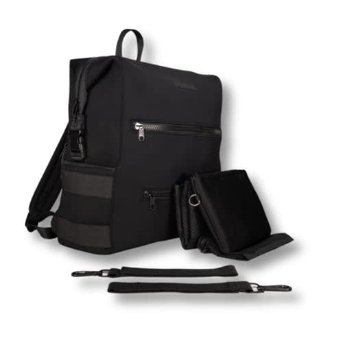 BUNSO Baby Neoprene Diaper Bag, Minimalist Backpack Diaper Bag with Pouch, Changing Pad, and Stroller Straps, Water Resistant and Lightweight Dad Diaper Bag, Diaper Bag Backpack, Black