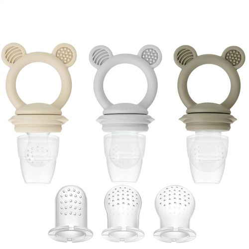 PandaEar 3 Pack Baby Fruit & Food Feeder Pacifier, Silicone Feeder Pacifier with 3 Sizes Pouches for Babies Toddlers Infants Kids, BPA-Free Food Grade Soft Safe (Tan/Grey/Brown)