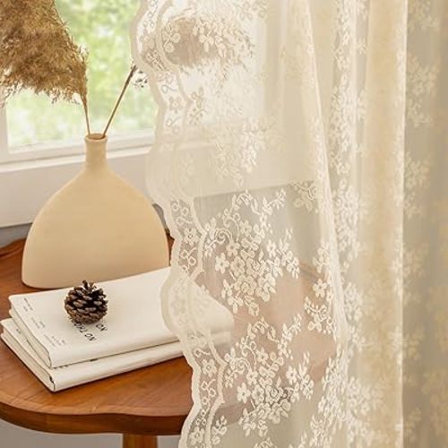 YJ YANJUN Vintage Lace Curtains 84 Inches Long-Retro Floral Beige Sheer Curtain Panels for Living Room Bedroom Shabby Chic Crochet Drapes Grandma Core Decor Light Filtering Pair W52 X L84 Light Beige