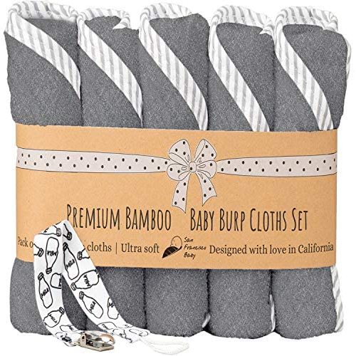 Burp Cloths Unisex 5 Pack Bamboo and Cotton w/Pacifier Clip - Ultra Soft, Comfortable Fabric - Extra Absorbent Burping Bib for Spit-Ups and Spills - 19 x 9” Baby Burp Cloths Gray