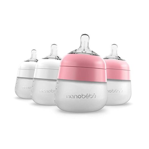 Nanobébé Flexy Silicone Baby Bottle, Anti-Colic, Natural Feel, Non-Collapsing Nipple, Non-Tip Stable Base, Easy to Clean 4-Pack, Pink/White, 5 oz - White/Pink - 5 Ounce 4-Pack