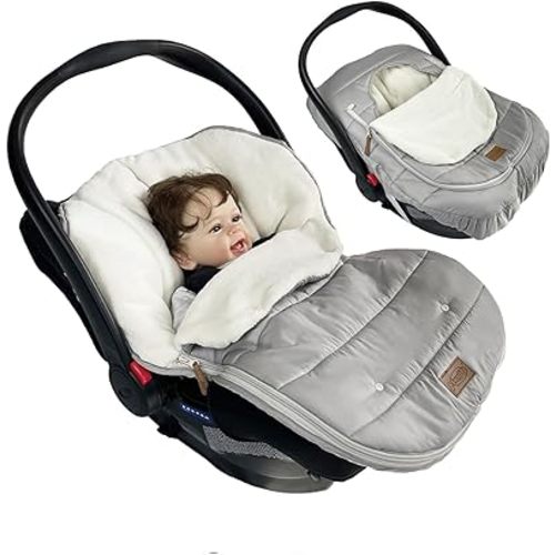funlife 4 in1 Car Seat Bunting Bag Set, Cover for Spring Fall, Front Height Adjustable Waterproof Infant Carseat Winter, Harsh Winter Use & Together, Grey