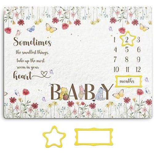 Floral Decor Milestone Blankets for Baby, Classic Winnie Baby Monthly Milestone Blanket, Babies Growth Photo Blankets with Photo Tools, Perfect for Birthday Party