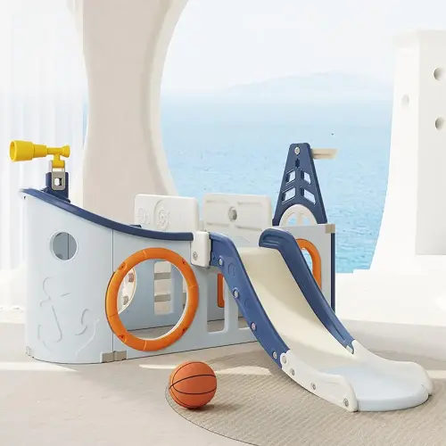 7 in 1 Toddler Slide Set, Pirate Ship Kids Slide with Basketball Hoop, Indoor and Outdoor Toddler Playset Freestanding Slide for Toddlers 1-6,Toddler Playground Slid with Tunnel and Storage Space