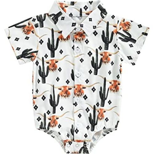 Karuedoo Western Baby Boy Clothes Cow Print Shirt Romper Infant Short Sleeve Button Down Bodysuit One Piece Gentleman Outfit