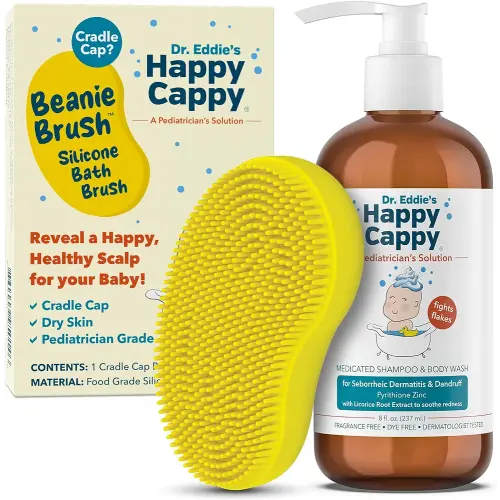 Happy Cappy Medicated Shampoo and Body Wash and Beanie Brush Bundle - Baby Dandruff Shampoo, Helps Cradle Cap and Seborrheic Dermatitis, Fragrance-Free, Gentle Baby Scalp Scrubber - 2 Pieces