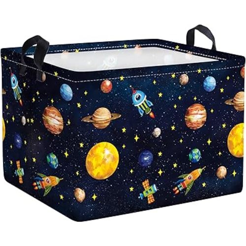 Clastyle Black Outer Space Planet Shelf Basket Cosmic Rocket Stars Toy Nursery Storage Bin Foldable Rectangle Clothes Books Storage Cube