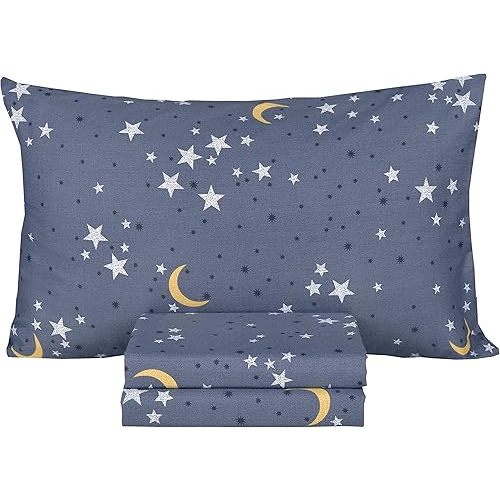 Scientific Sleep Moon & Stars Boys Girls 100% Cotton 3 Pcs Twin Bed Sheet Set Kids Toddler Teen, Flat Sheet & Fitted Sheet & Pillowcase Kids Bedding Set