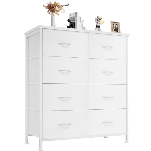 DUMOS Dresser for Bedroom with 8 Fabric Drawers, Tall Chest Organizer Units for Clothing, Closet, Kidsroom, Storage Tower with Cabinet, Metal Frame, Wooden Top, Lightweight Nursery Furniture, White