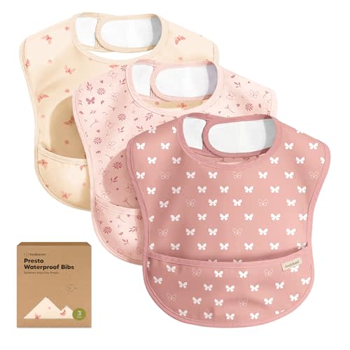 KeaBabies 3-Pack Waterproof Baby Bibs for Eating, Lightweight (Butterflies) | Toddler Feeding Bibs with Large Food Catcher, Mess Proof, Food-Grade, Baby Eating Essentials, Easy to Put On & Clean