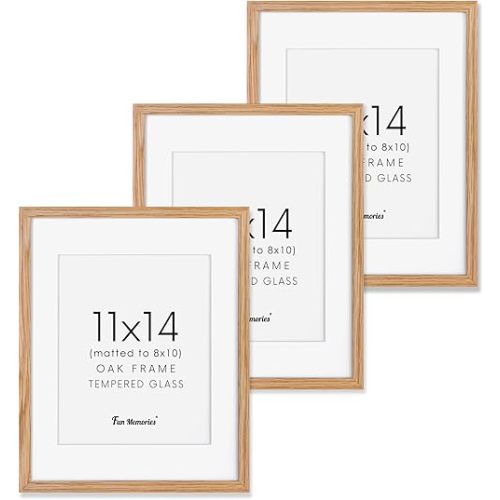 11x14 Picture Frame, 11"x14" Oak Wood Frame, 11x14 Picture Frame Set of 3, 11x14 Frame with Mat for 8x10, Real Tempered Glass, 11 x 14 Photo Frame for Wall (Natural Oak Color, 3 Pack)