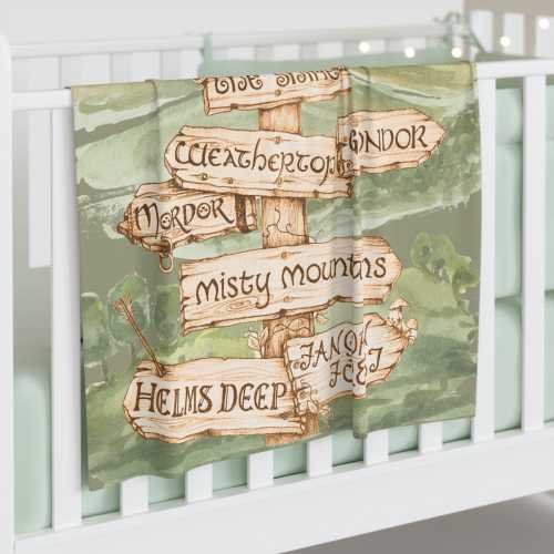 Middle Earth Signpost Baby Swaddle Blanket, Green, Lord of the Rings Baby Blanket, LOTR Infant Wrap, Tolkien Baby Blanket, Hobbit Wrap