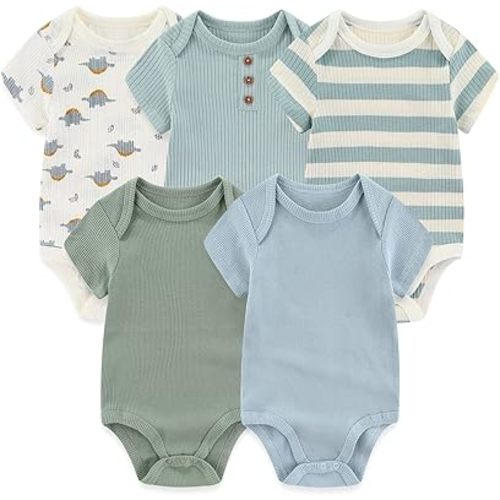 MAMIMAKA Newborn Baby Short Sleeve Bodysuit Cotton One-Piece Baby Clothes 5-Pack, 0-12 Months