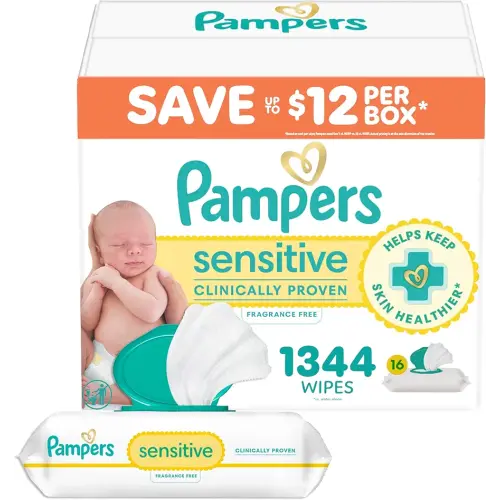 Pampers Baby Wipes, Sensitive, Water Based Wipe, Clinically Proven, Hypoallergenic, and Unscented for Babies, 1344 Wipes Total (16 Flip-Top Packs) [Packaging May Vary]