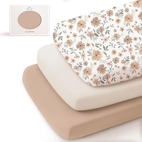 Konssy 3 Pack Stretchy Changing Pad Covers for Girl, Boy, Silky Soft Changing Table Cover, Breathable Baby Nursery Diaper Chang Pad Sheets (Flourish)