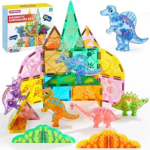 JOYFY 50PCS Magnetic Tiles Dinosaur Set for Kids,Educational STEM Toy for Boys & Girls Ages 3-5 4-8, Xmas Birthday Party Gift for Toddlers