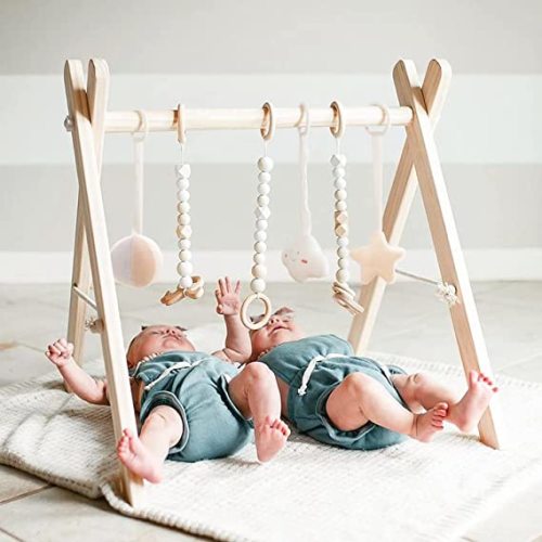 funny supply Wooden Baby Gym with 6 Gym Toys Foldable Baby Play Gym Frame Activity Center Hanging Bar Newborn Gift - Wooden Play Gym