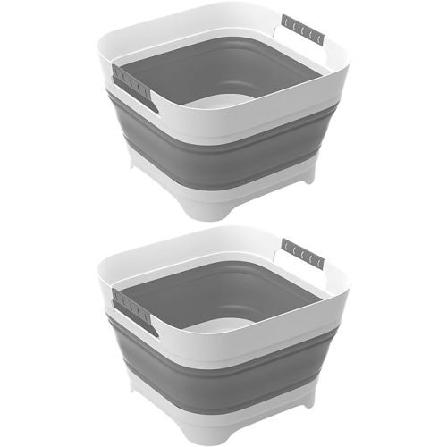 2.4 Gal Collapsible Wash Basin with Drain Plug - 9L Dish Pan for Baby Bottle Soak, Foldable Sink, Multi-Purpose Bucket - Ideal for Camping, RV, Vegetable Washing, Ice Tub & Beverages (2PCS)