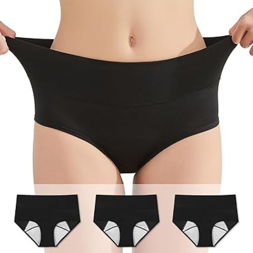 Washable Period Cotton Underwear,S-5XL,Leakproof High Waisted Panties for Absorbency Incontinence,Menstrual,Postpartum (3 Black, Medium)