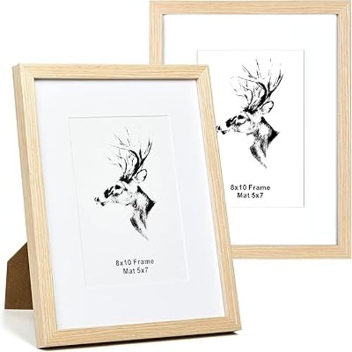 Yaetm 8x10 Picture Frame Matted to 5x7 Set of 2, Natural Solid Oak Wood Photo Frames 8x10 with Tempered Glass, Display on Tabletop or Wall Mounting (2 Pack, Oak)
