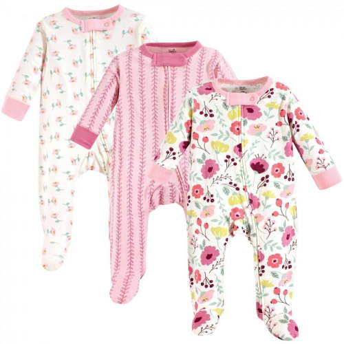 Touched by Nature Baby Girl Organic Cotton Zipper Sleep and Play 3pk, Botanical, 0-3 Months