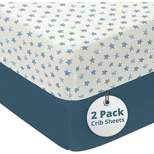 Baby Crib Sheets - Super Soft & Breathable Crib Mattress Sheet, Portable Crib Sheets for Boys, 4 Way Stretch Knitted Fitted Crib Sheet, 2 Pack - Star-Blue & Navy