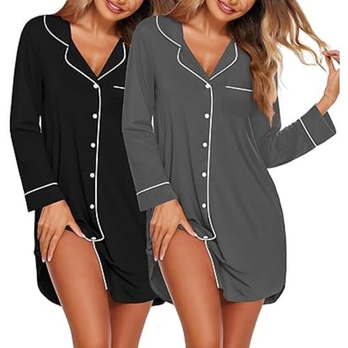 Ekouaer 2 Pack Nightgowns for Women Long Sleeve Night Shirt Button Down Sleep Shirt V-Neck Sleep Dress Pajama Sleepwear
