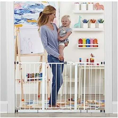 Regalo 56-Inch Extra WideSpan Walk Through Baby Gate, Includes 4-Inch, 8-Inch and 12-Inch Extension, 4 Pack of Pressure Mounts and 4 Pack of Wall Cups and Mounting Kit, White