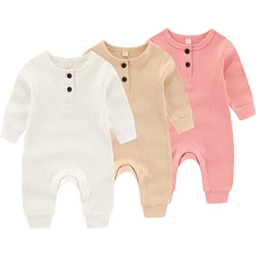 Newborn Baby Boys Girls One Piece Romper With Mitten Cuffs 3 Pack Long Sleeve Ribbed Button Jumpsuit Outfit Clothes