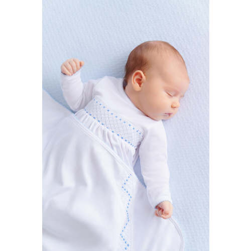 The Beaufort Bonnet Company - "Sweetly Smocked Greeting Gown" in 0-3M, Worth Avenue White with Buckhead Blue