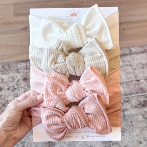 Neutral + Pink Ribbed Baby Headbands – Oversized Bows for Newborn & Baby Girls (White, Sand, Light Pink, Dusty Pink)