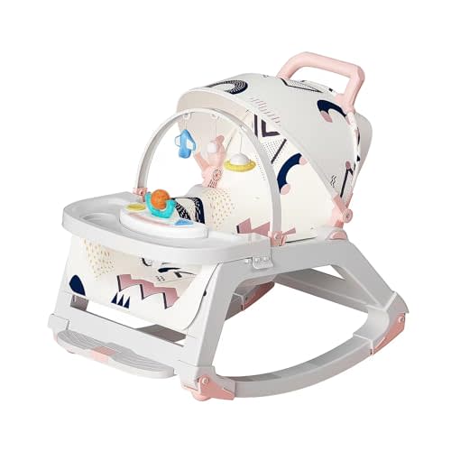 5-1 Baby Bouncer Ifant Seat,Baby Bouncer and Push Walker Cambo,Ifant to Toddler Adjustable Bouncer Chair,Portable Rocker Chair with Wheels,Toy Snack Tray and Canopy for Outdoor,0-36 Months