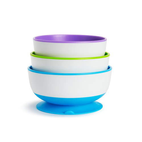Munchkin Stay Put Suction Round Bowls, Plastic, Multi-Color, 3 Pack