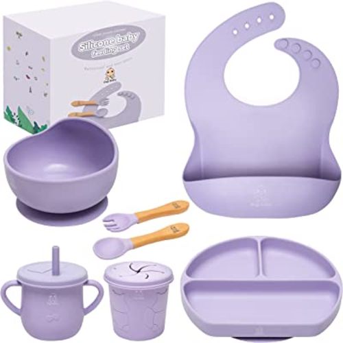 Digi Baby 7 Piece Complete Feeding Set, Led Weaning Supplies, Boy-Girl Silicone Utensils, Toddler Suction Plate-Bowl, Adjustable Bib, Snack Cup with Lid, Water Cup, Fork-Spoon, Eating Purple
