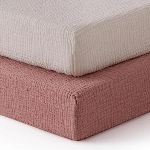 Blissful Diary Muslin Crib Sheets for Girl Boy, Boho Neutral Soft Cotton Baby Sheet for 52''x28'' Standard Crib Mattress, 2 Pack(Dusty Pink&Cream)