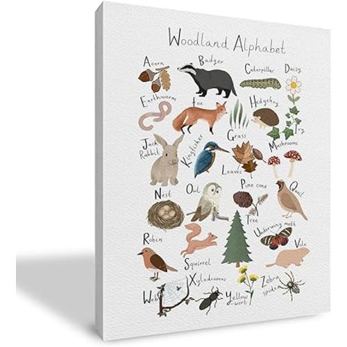Qvapt Forest Nursery Decor,Forest Woodland Alphabet Framed Canvas Prints Wall Art,Forest Nursery Wall Art Decor For Homeschool Kids Room Nursery Playroom(11x14inch)