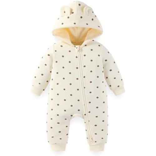 Baby Hooded Fleece Romper Jumpsuit 60% Cotton Blend Soft Breathable Long Sleeve Zipper Clothes for Boys and Girls